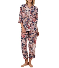 Papinelle Ella Floral Print 3/4 Sleeve Notch Collar Woven Lightweight Voile Cropped Pajama Set
