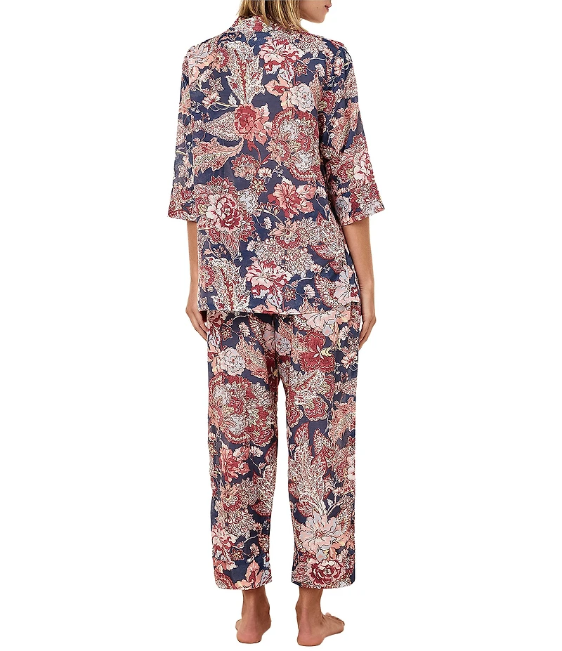 Papinelle Ella Floral Print 3/4 Sleeve Notch Collar Woven Lightweight Voile Cropped Pajama Set