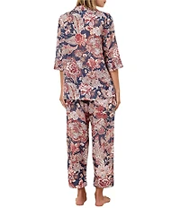 Papinelle Ella Floral Print 3/4 Sleeve Notch Collar Woven Lightweight Voile Cropped Pajama Set