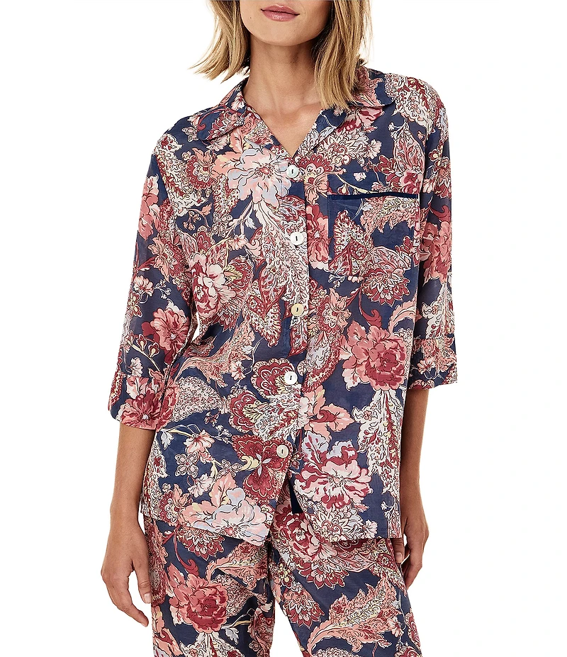 Papinelle Ella Floral Print 3/4 Sleeve Notch Collar Woven Lightweight Voile Cropped Pajama Set
