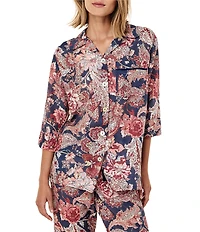 Papinelle Ella Floral Print 3/4 Sleeve Notch Collar Woven Lightweight Voile Cropped Pajama Set