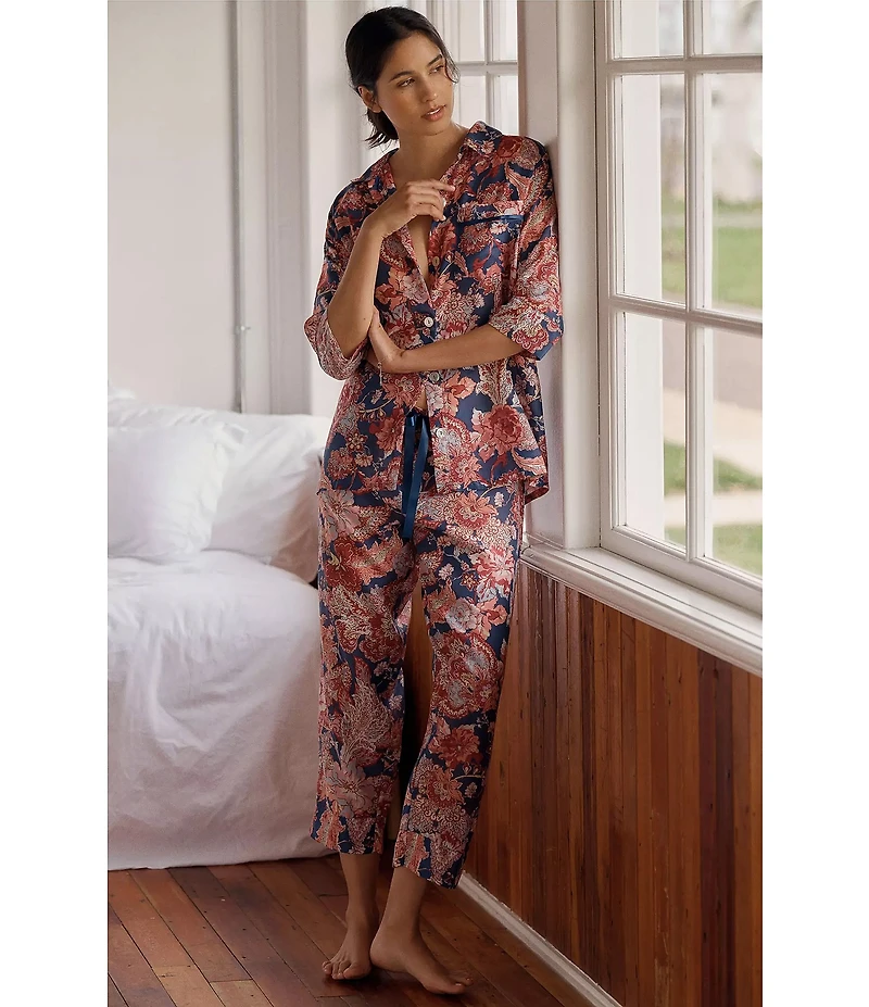Papinelle Ella Floral Print 3/4 Sleeve Notch Collar Woven Lightweight Voile Cropped Pajama Set