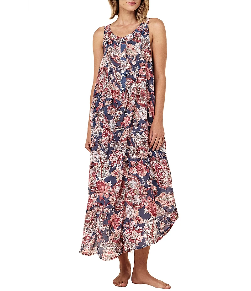 Papinelle Ella Sleeveless Scoop Neck Lightweight Voile Floral Button-Front Nightgown