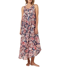 Papinelle Ella Sleeveless Scoop Neck Lightweight Voile Floral Button-Front Nightgown