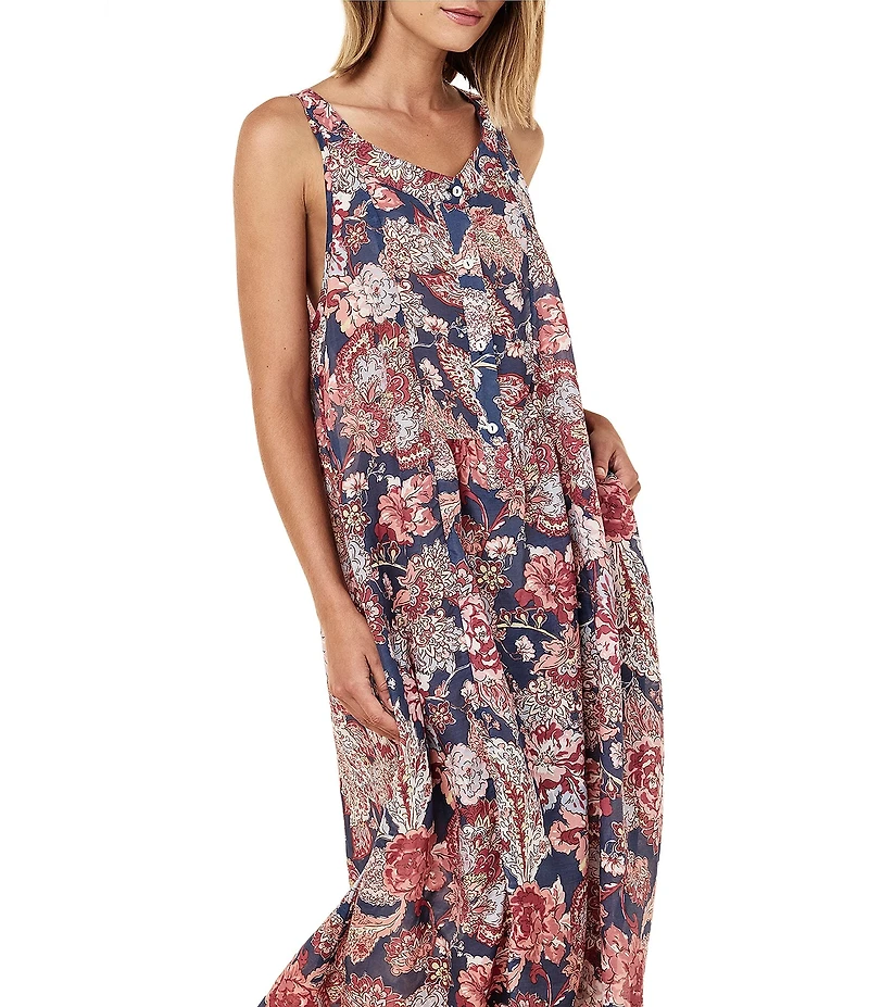 Papinelle Ella Sleeveless Scoop Neck Lightweight Voile Floral Button-Front Nightgown