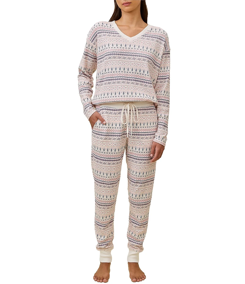 Papinelle Fair Isle Print Waffle Textured Long Sleeve V-Neck Knit Holiday Pajama Set