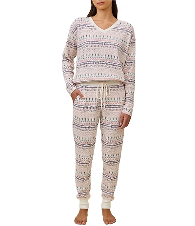 Papinelle Fair Isle Print Waffle Textured Long Sleeve V-Neck Knit Holiday Pajama Set