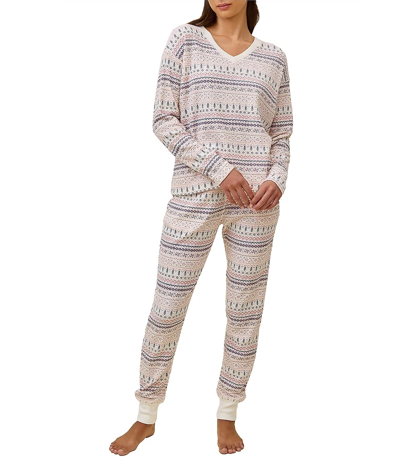 Papinelle Fair Isle Print Waffle Textured Long Sleeve V-Neck Knit Holiday Pajama Set