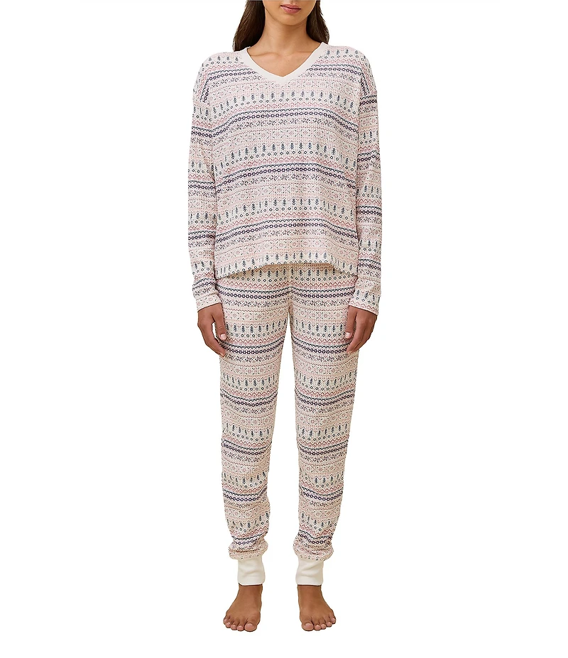 Papinelle Fair Isle Print Waffle Textured Long Sleeve V-Neck Knit Holiday Pajama Set