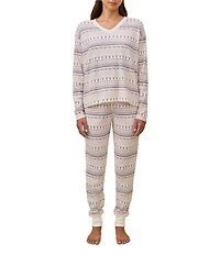 Papinelle Fair Isle Print Waffle Textured Long Sleeve V-Neck Knit Holiday Pajama Set