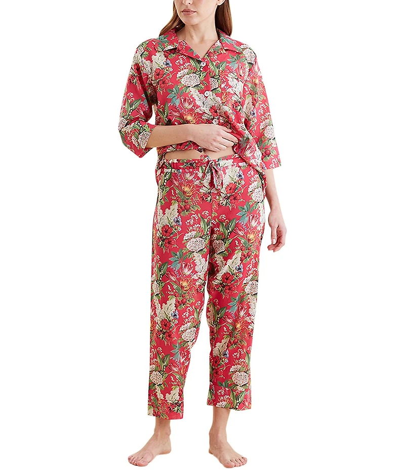 Papinelle Floral Print 3/4 Sleeve Notch Collar Lightweight Woven Cotton Cropped Pajama Set