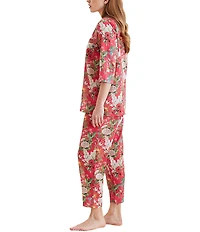 Papinelle Floral Print 3/4 Sleeve Notch Collar Lightweight Woven Cotton Cropped Pajama Set