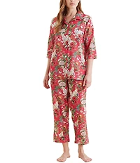 Papinelle Floral Print 3/4 Sleeve Notch Collar Lightweight Woven Cotton Cropped Pajama Set