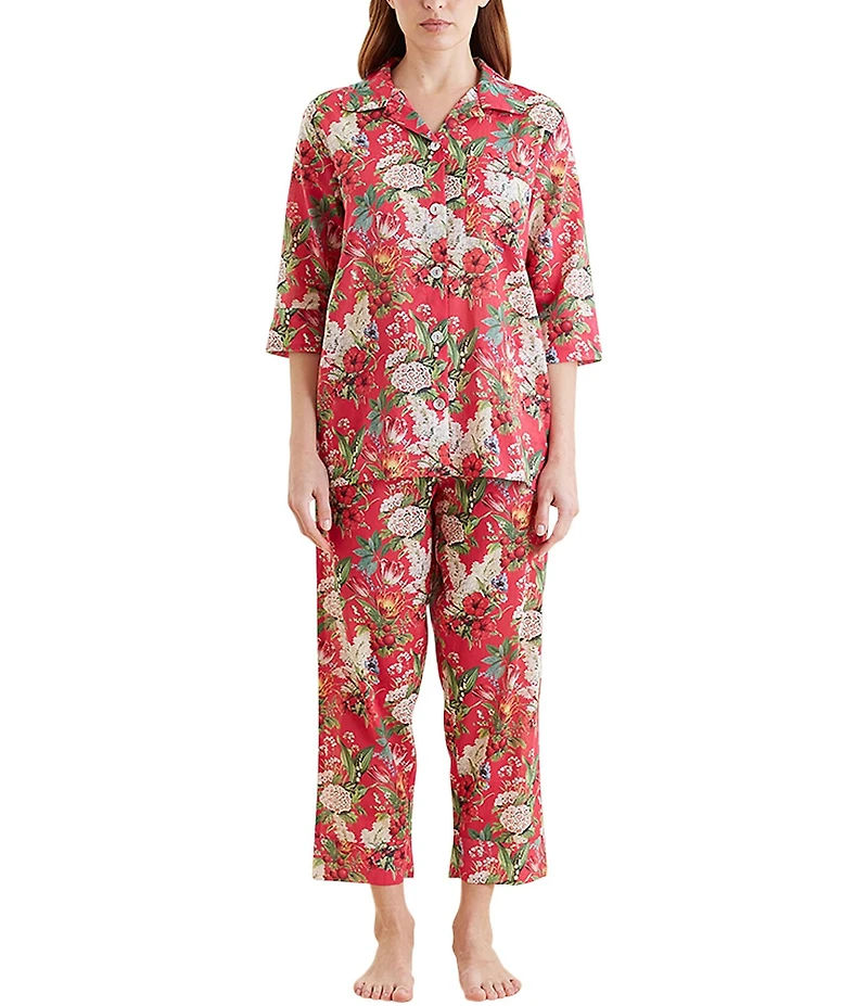 Papinelle Floral Print 3/4 Sleeve Notch Collar Lightweight Woven Cotton Cropped Pajama Set