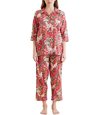 Papinelle Floral Print 3/4 Sleeve Notch Collar Lightweight Woven Cotton Cropped Pajama Set