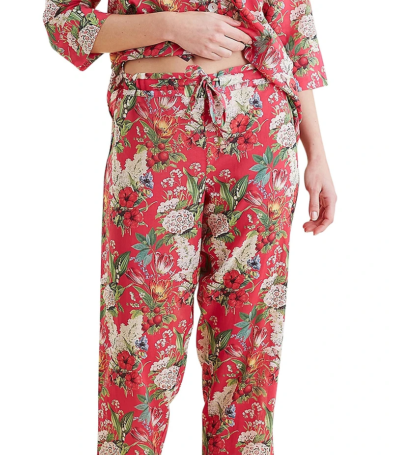 Papinelle Floral Print 3/4 Sleeve Notch Collar Lightweight Woven Cotton Cropped Pajama Set