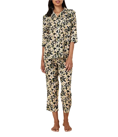 Papinelle Floral Print 3/4 Sleeves Notch Collar Woven Lightweight Cotton Voile Cropped Pajama Set