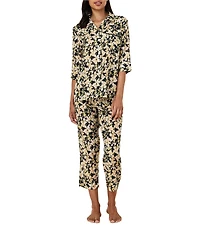 Papinelle Floral Print 3/4 Sleeves Notch Collar Woven Lightweight Cotton Voile Cropped Pajama Set