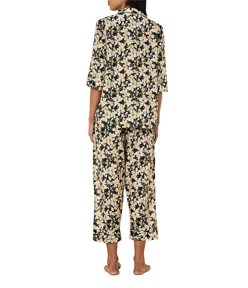 Papinelle Floral Print 3/4 Sleeves Notch Collar Woven Lightweight Cotton Voile Cropped Pajama Set