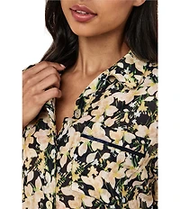 Papinelle Floral Print 3/4 Sleeves Notch Collar Woven Lightweight Cotton Voile Cropped Pajama Set