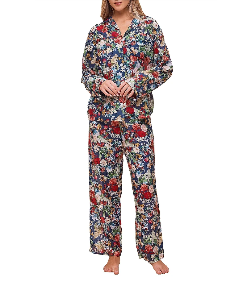 Papinelle Holly Floral Print Long Sleeve Notch Collar Long Lightweight Cotton Voile Pajama Set