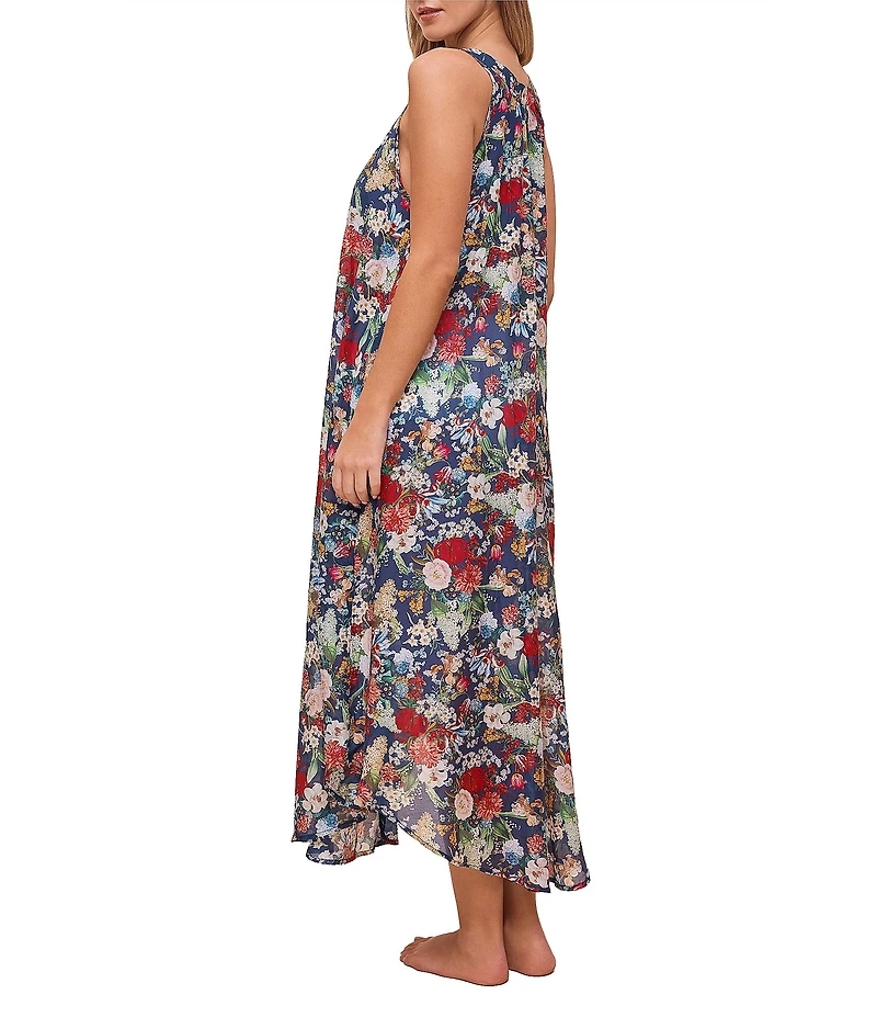 Papinelle Holly Sleeveless Scoop Neck Lightweight Voile Floral Button-Front Nightgown