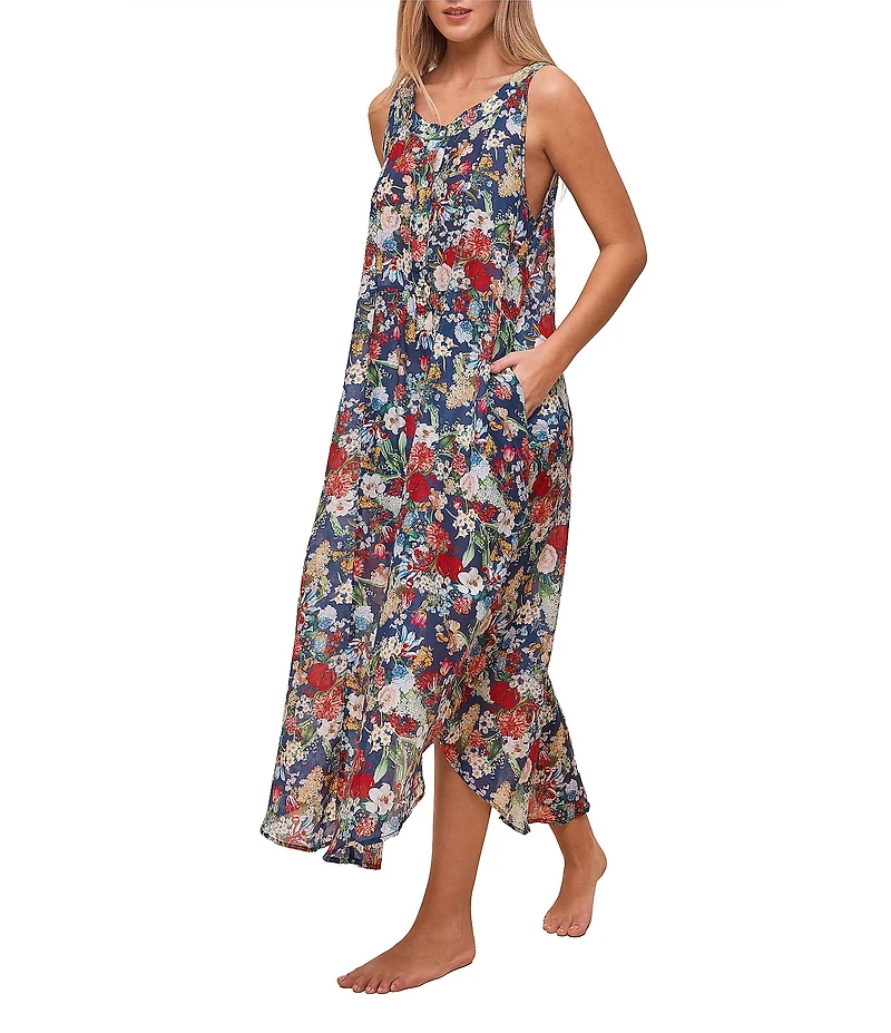 Papinelle Holly Sleeveless Scoop Neck Lightweight Voile Floral Button-Front Nightgown