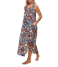 Papinelle Holly Sleeveless Scoop Neck Lightweight Voile Floral Button-Front Nightgown
