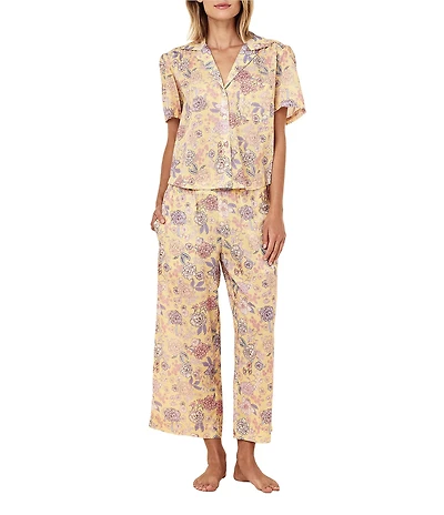 Papinelle Karolina Floral Print 3/4 Sleeve Notch Collar Lightweight Woven Cropped Pajama Set