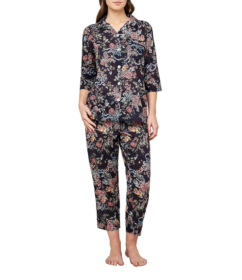 Papinelle Layla Floral Print 3/4 Sleeve Notch Collar Woven Lightweight Voile Cropped Pajama Set