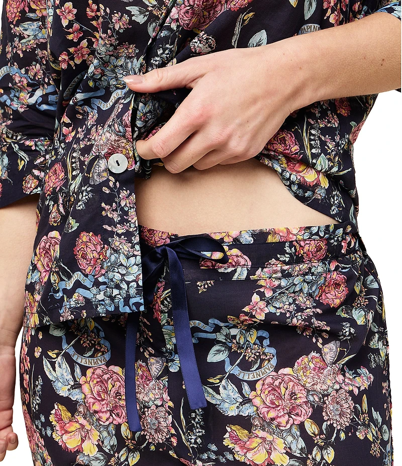 Papinelle Layla Floral Print 3/4 Sleeve Notch Collar Woven Lightweight Voile Cropped Pajama Set