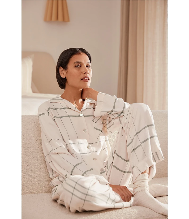 Papinelle Plaid Print Long Sleeve Brushed Woven Notch Collar Long Pajama Set