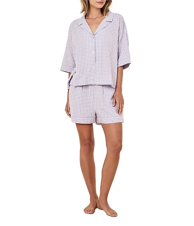 Papinelle Seersucker Gingham 3/4 Sleeve Notch Collar Shorty Pajama Set