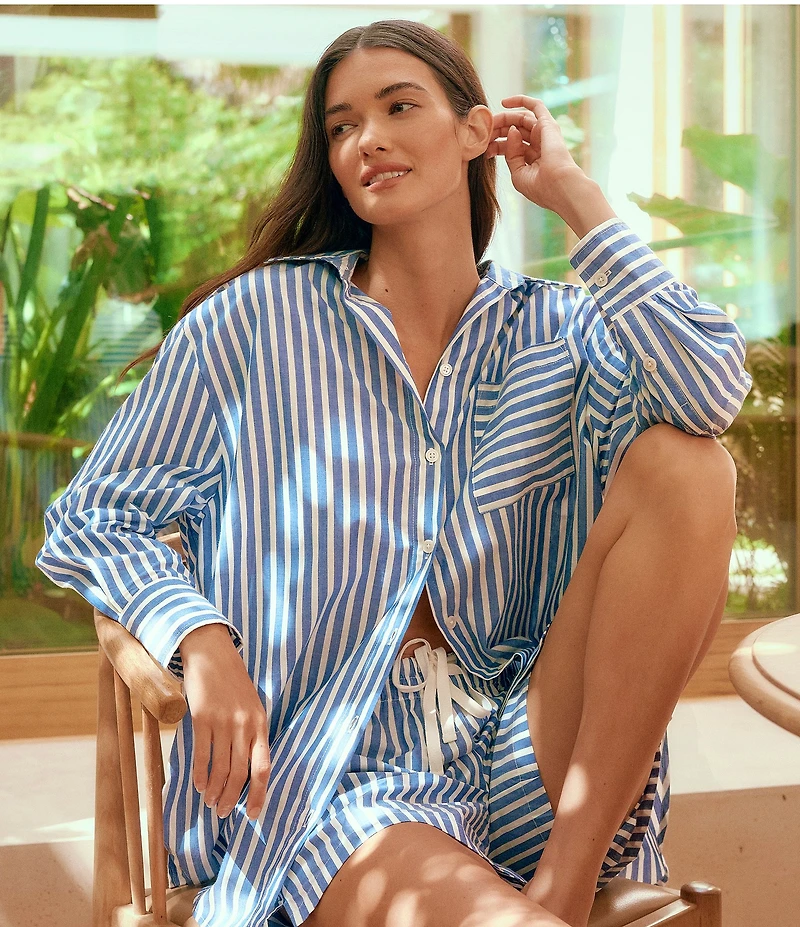 Papinelle Striped Long Sleeve Notch Collar & Shorty Woven Pajama Set