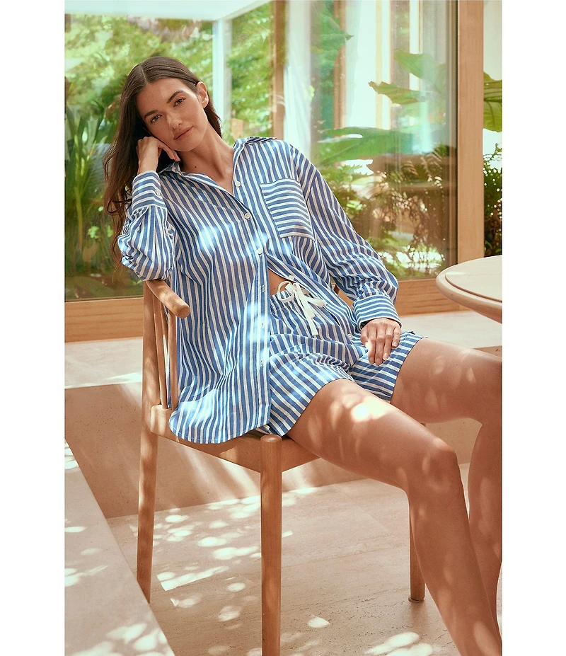 Papinelle Striped Long Sleeve Notch Collar & Shorty Woven Pajama Set