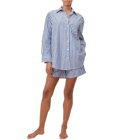 Papinelle Striped Long Sleeve Notch Collar & Shorty Woven Pajama Set