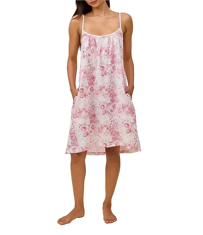 Papinelle Toile De Jouy Floral Print Sleeveless Scoop Neck Woven Sateen Cotton Chemise