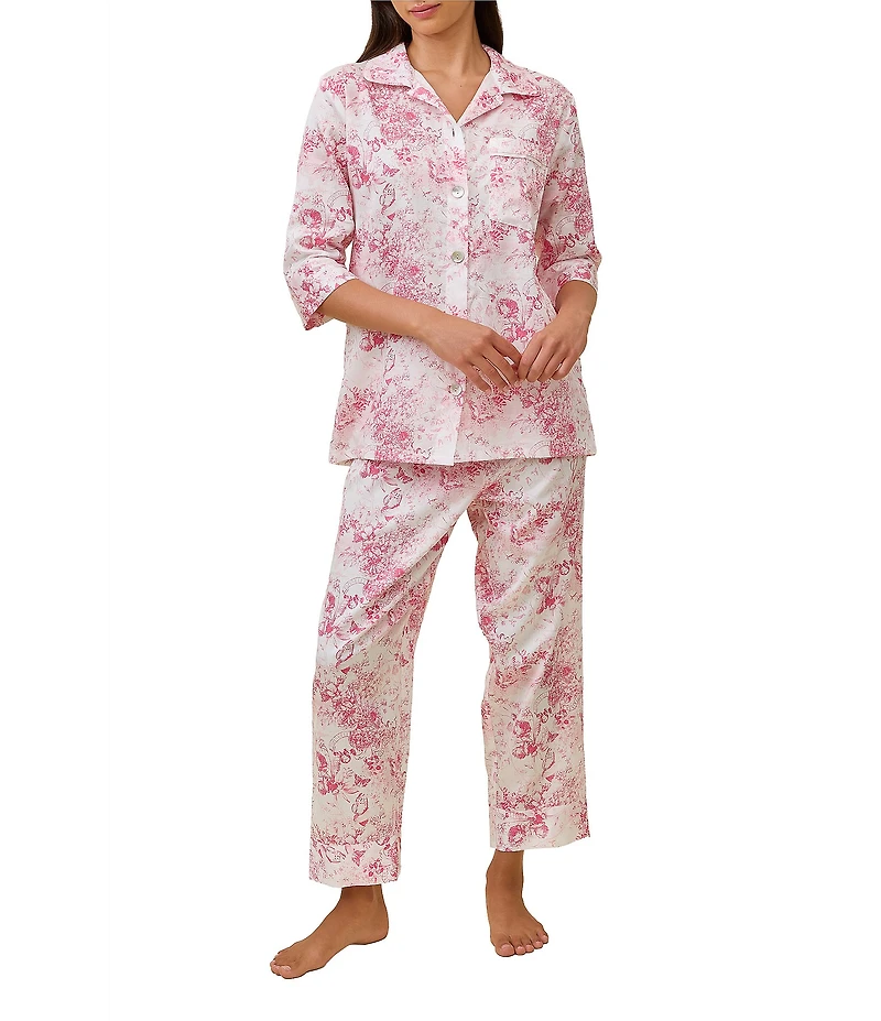 Papinelle Toile De Jouy Print 3/4 Sleeve Notch Collar Woven Sateen Cropped Pajama Set