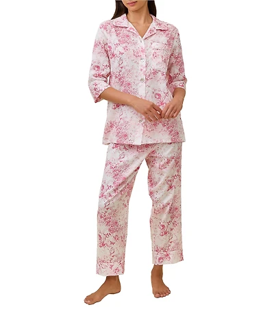 Papinelle Toile De Jouy Print 3/4 Sleeve Notch Collar Woven Sateen Cropped Pajama Set