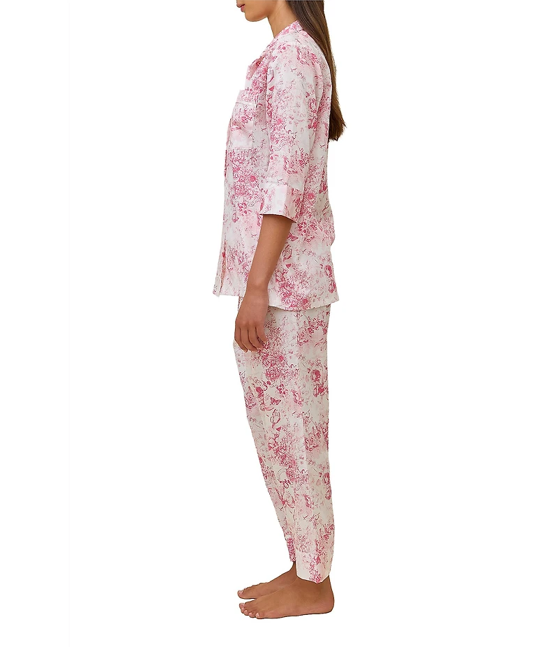 Papinelle Toile De Jouy Print 3/4 Sleeve Notch Collar Woven Sateen Cropped Pajama Set