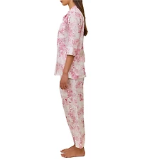 Papinelle Toile De Jouy Print 3/4 Sleeve Notch Collar Woven Sateen Cropped Pajama Set