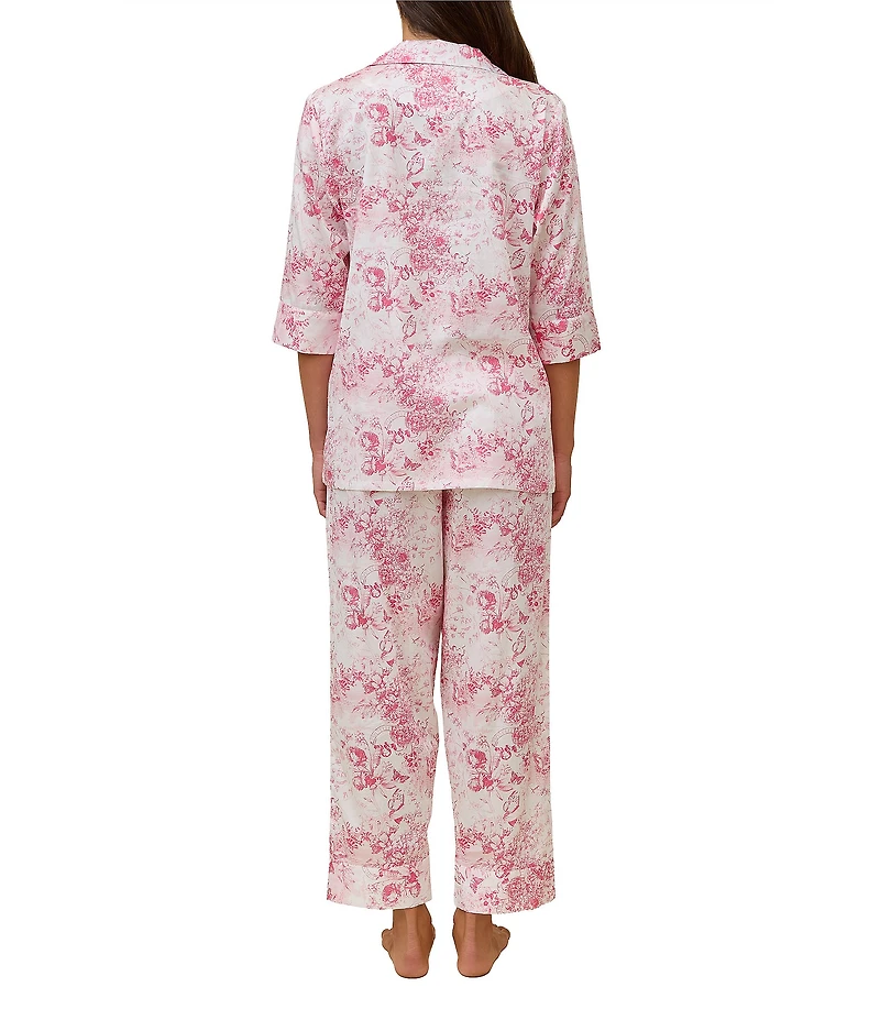 Papinelle Toile De Jouy Print 3/4 Sleeve Notch Collar Woven Sateen Cropped Pajama Set