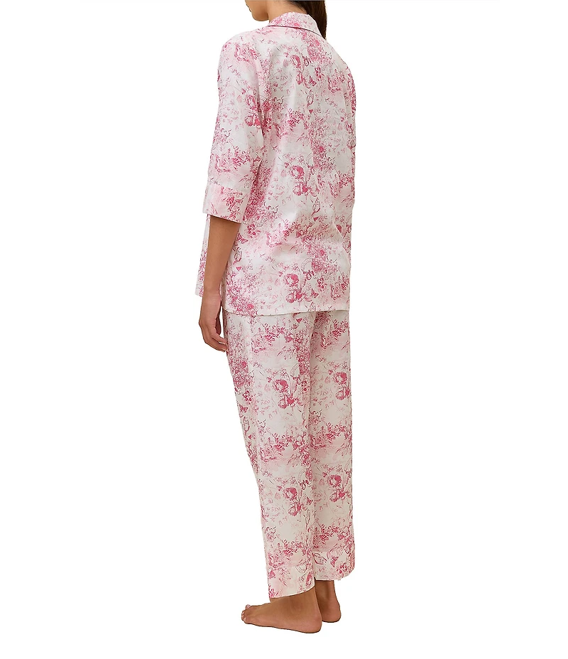 Papinelle Toile De Jouy Print 3/4 Sleeve Notch Collar Woven Sateen Cropped Pajama Set