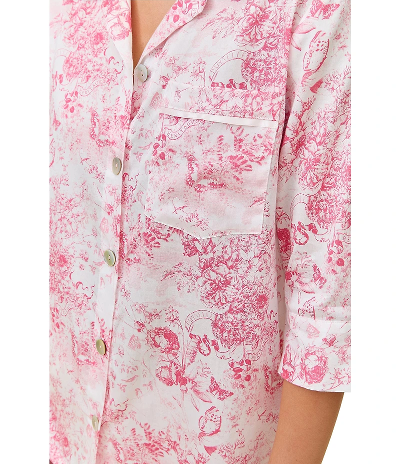 Papinelle Toile De Jouy Print 3/4 Sleeve Notch Collar Woven Sateen Cropped Pajama Set