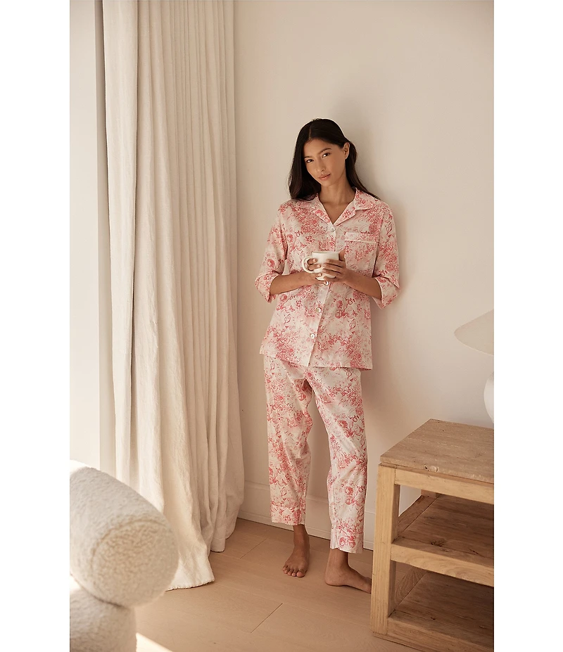Papinelle Toile De Jouy Print 3/4 Sleeve Notch Collar Woven Sateen Cropped Pajama Set