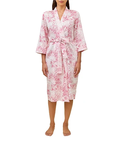 Papinelle Toile De Jouy Print 3/4 Sleeve Shawl Collar Woven Sateen Coordinating Midi Robe