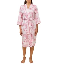 Papinelle Toile De Jouy Print 3/4 Sleeve Shawl Collar Woven Sateen Coordinating Midi Robe