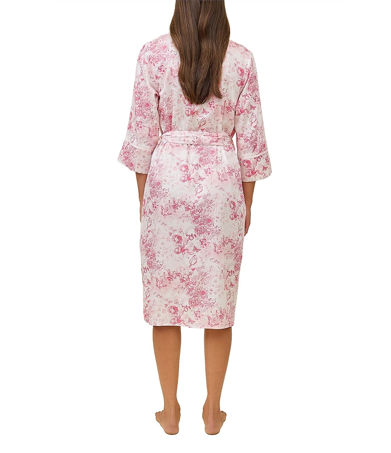 Papinelle Toile De Jouy Print 3/4 Sleeve Shawl Collar Woven Sateen Coordinating Midi Robe
