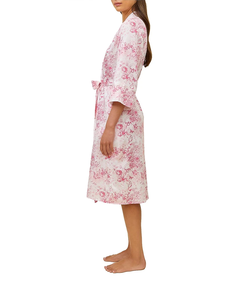 Papinelle Toile De Jouy Print 3/4 Sleeve Shawl Collar Woven Sateen Coordinating Midi Robe