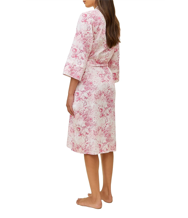 Papinelle Toile De Jouy Print 3/4 Sleeve Shawl Collar Woven Sateen Coordinating Midi Robe